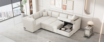 108" U-Shaped Sectional Sofa Bed - Beige with Storage for Living Room