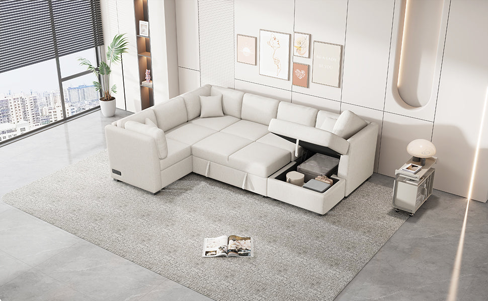 108" U-Shaped Sectional Sofa Bed - Beige with Storage for Living Room
