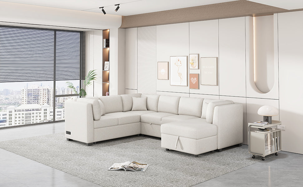 108" U-Shaped Sectional Sofa Bed - Beige with Storage for Living Room