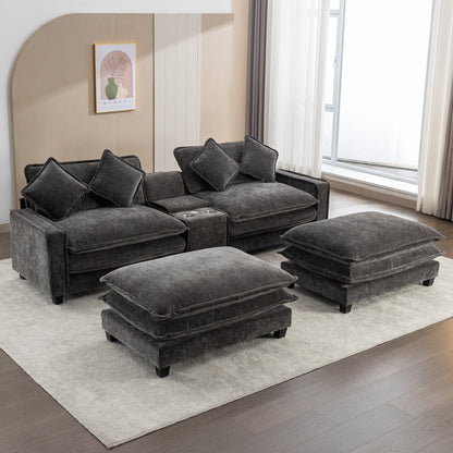 111" Sectional Sofa Chenille Upholstered Sofa with Two Removable Ottoman, Two USB Ports, Two Cup Holders and Large Storage Box for Living Room(Old SKU:N719S001480E), Grey