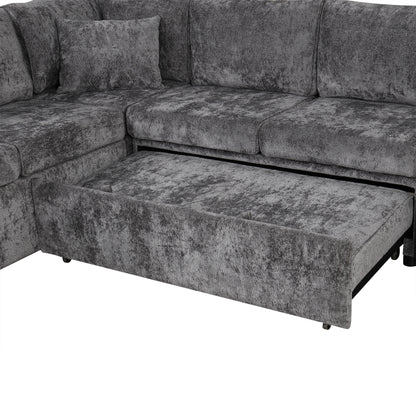 112" Grey Chenille Sectional Sofa Bed with Storage Ottoman