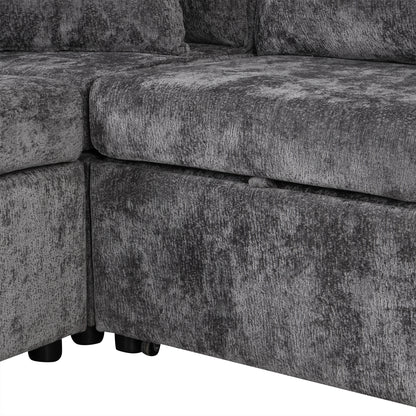 112" Grey Chenille Sectional Sofa Bed with Storage Ottoman