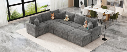 112" Grey Chenille Sectional Sofa Bed with Storage Ottoman