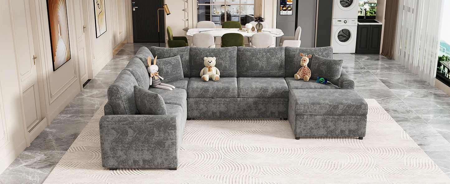 112" Grey Chenille Sectional Sofa Bed with Storage Ottoman