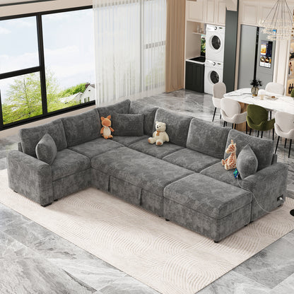 112.2" Sectional Sofa Pull-out Sofa Bed Sleeper with a Storage Ottoman,Three Pillows and Charging Devices for Living Room, Grey