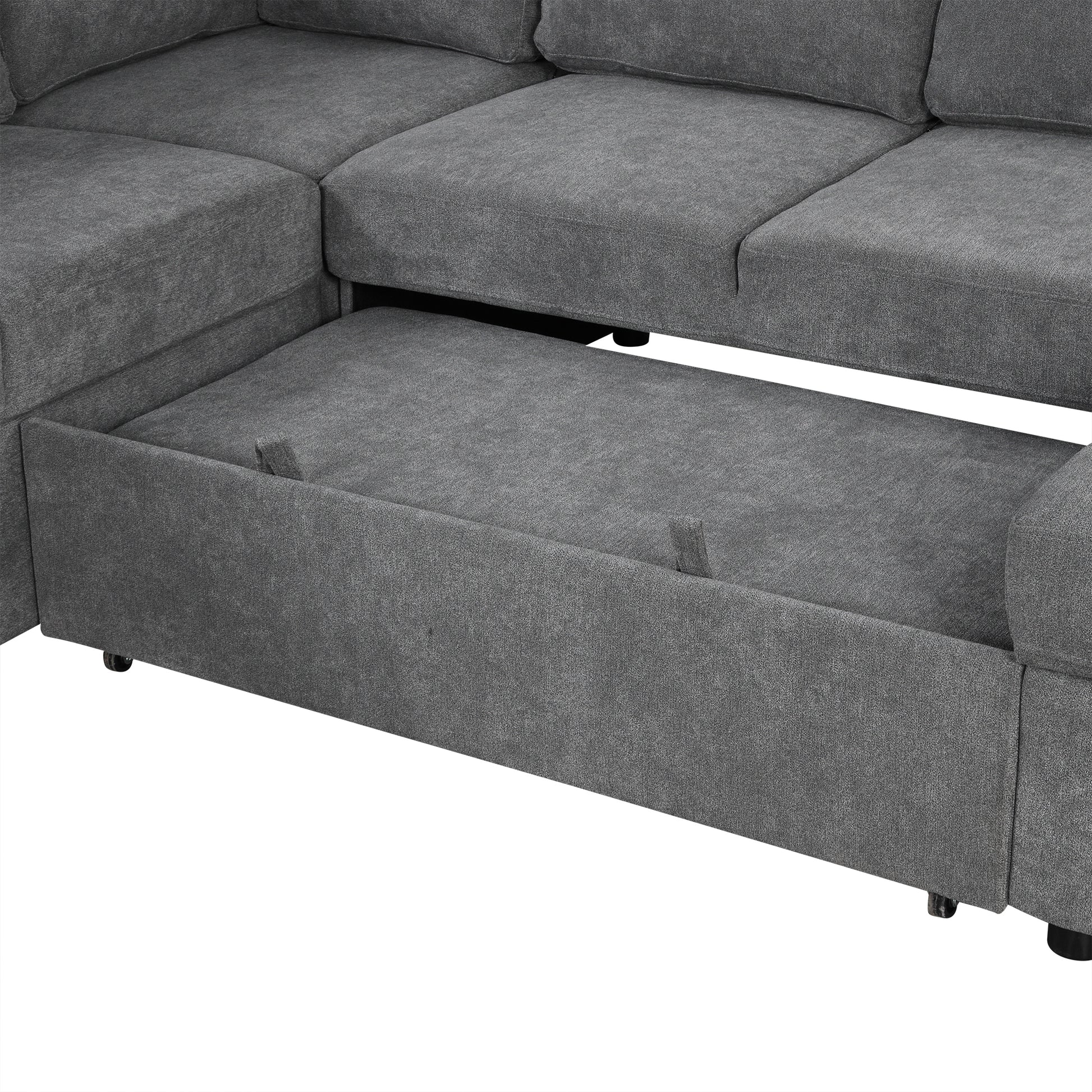 U-Shaped Sectional Sofa Bed - Grey with Storage & USB Ports