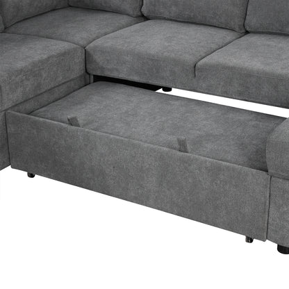 U-Shaped Sectional Sofa Bed - Grey with Storage & USB Ports