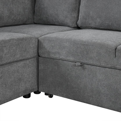 U-Shaped Sectional Sofa Bed - Grey with Storage & USB Ports
