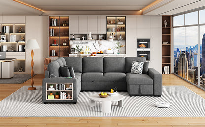 U-Shaped Sectional Sofa Bed - Grey with Storage & USB Ports