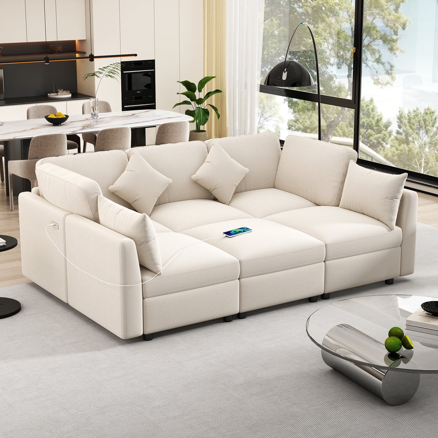 86.6" Sectional Sofa Modular Sofa U-shaped Sofa Couch Sofa Bed L-shaped Sofa with a Movable Ottoman and Two USB Ports for Living Room(Old SKU:N719S001680A), Beige