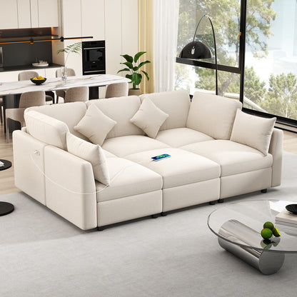 86.6" Sectional Sofa Modular Sofa U-shaped Sofa Couch Sofa Bed L-shaped Sofa with a Movable Ottoman and Two USB Ports for Living Room(Old SKU:N719S001680A), Beige