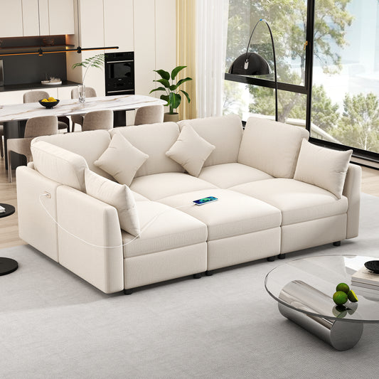 86.6" Sectional Sofa Modular Sofa U-shaped Sofa Couch Sofa Bed L-shaped Sofa with a Movable Ottoman and Two USB Ports for Living Room(Old SKU:N719S001680A), Beige