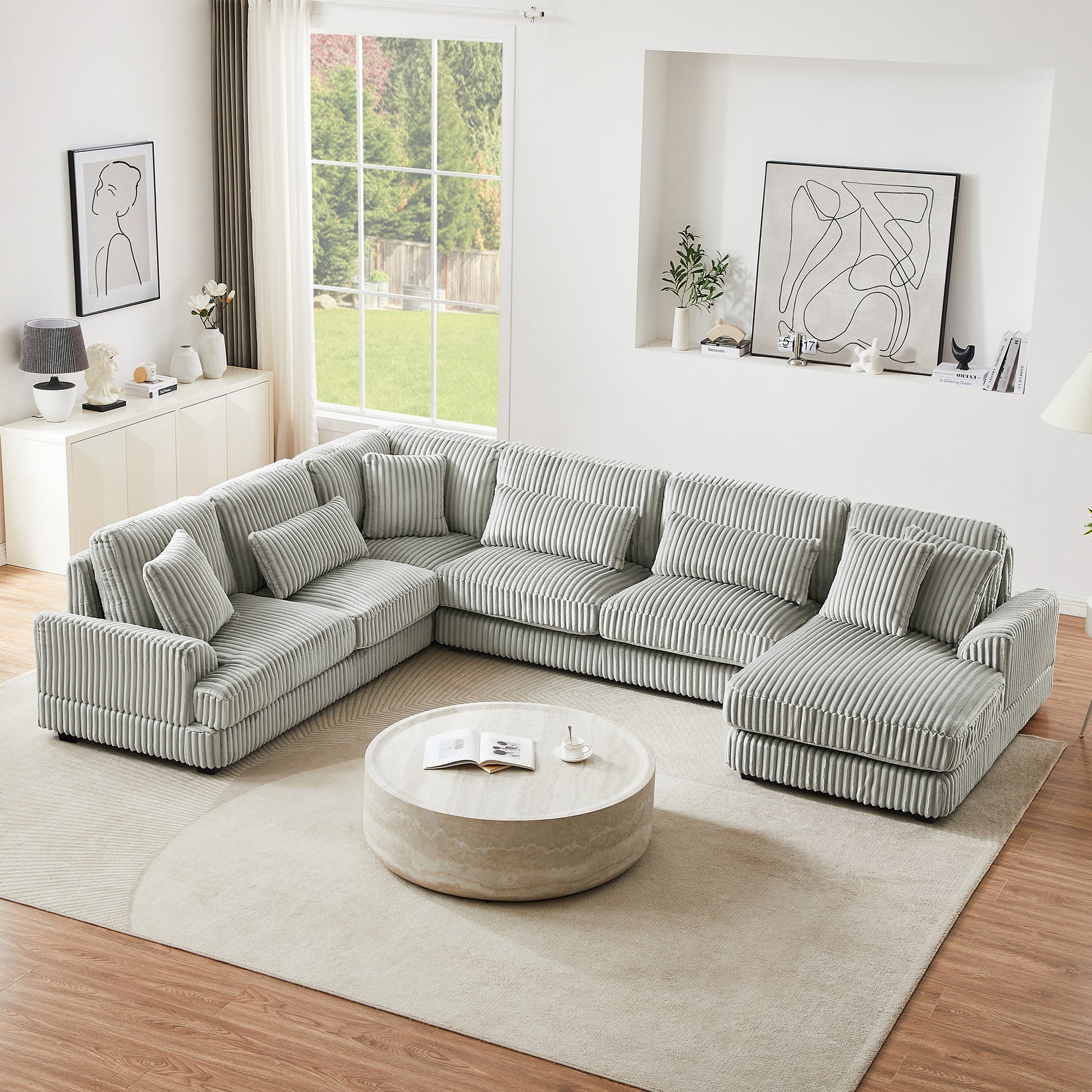 129" Oversized Sectional Sofa U-shaped Sofa Couch Modern Sofa Upholstered in Soft Corduroy with a Chaise Lounge for Living Room(Old SKU:N719S001690E), Grey