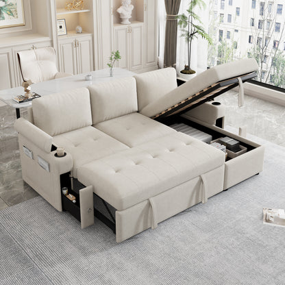 83.5" L-shaped Sofa Couch Convertible Sofa Bed Sectional Sofa with Ample Storage Space, Two Cup Holders and Two USB Ports for Living Room, Beige