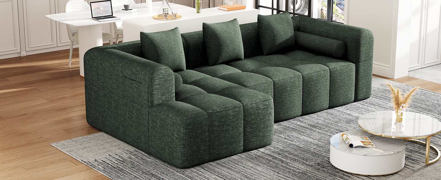 101" Green Chenille Modular Sectional Sofa - Rolled Arms for Living Room