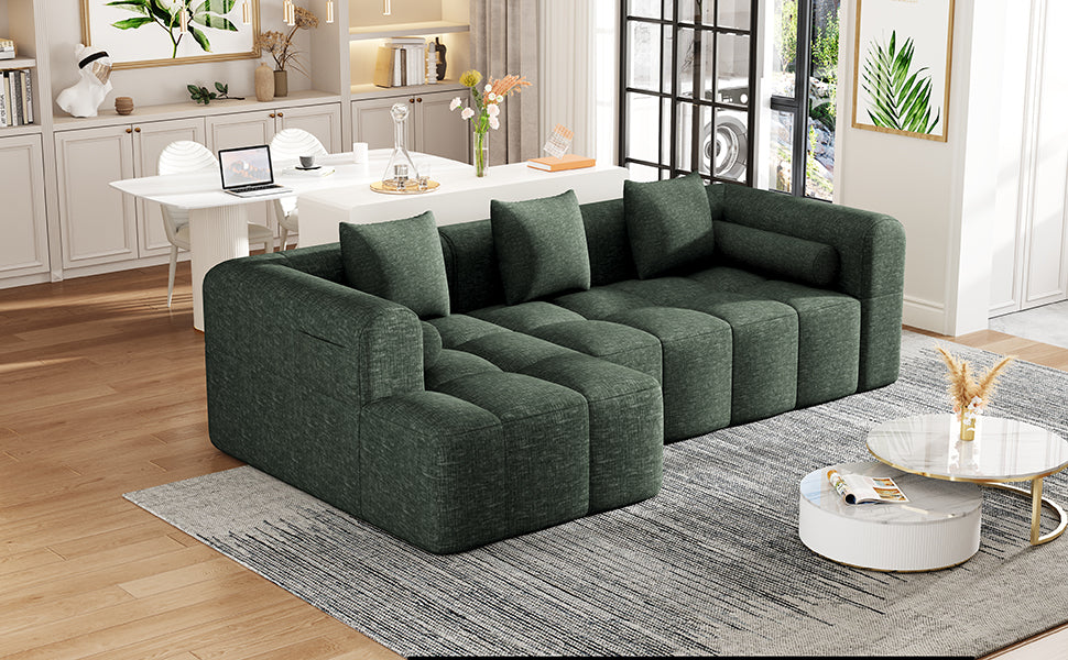 101" Green Chenille Modular Sectional Sofa - Rolled Arms for Living Room