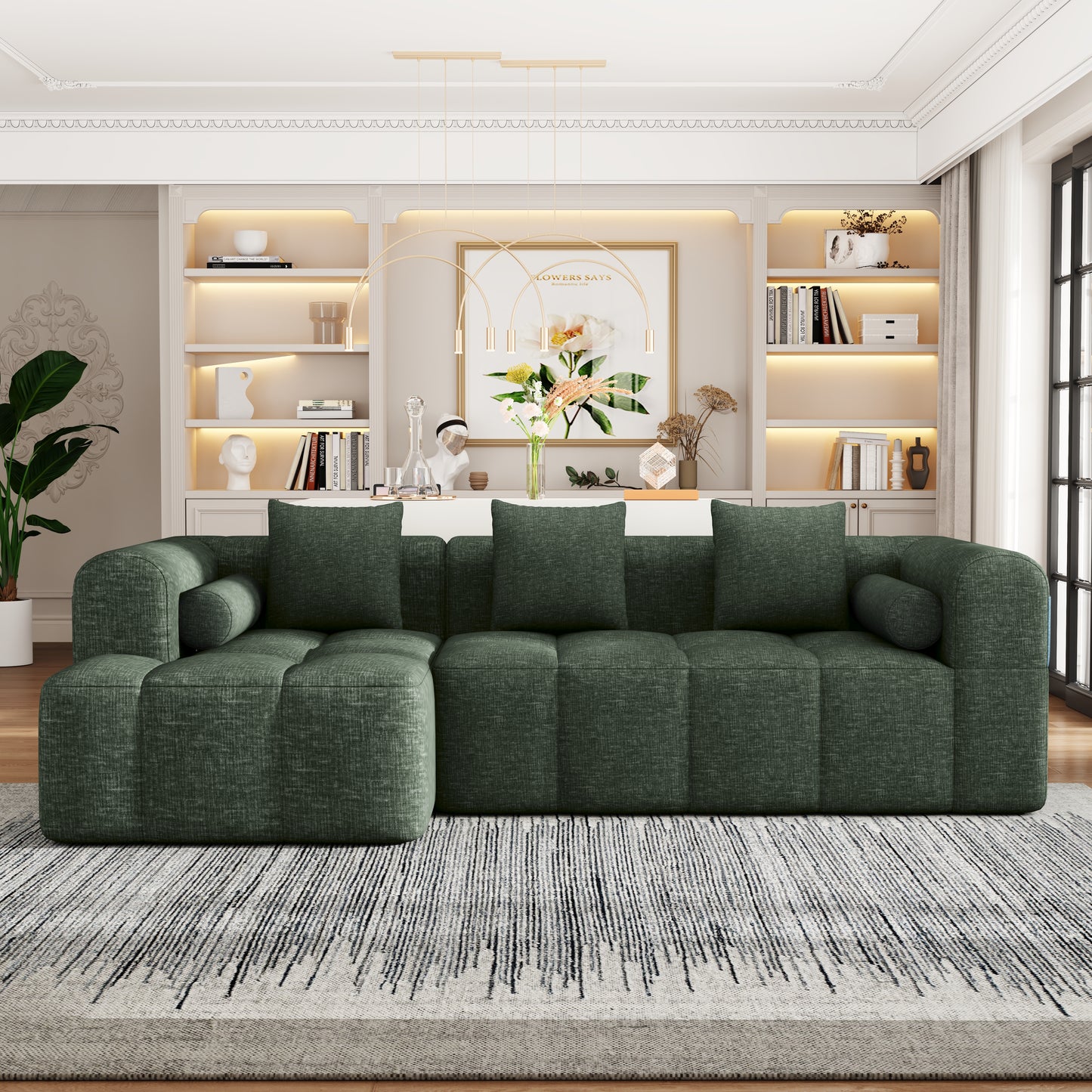 101.2"  Sectional Sofa Full-Compressed Sofa Modular Sofa Couch Free-combined Sofa with Deep Seating and Two Side Pockets for Living Room, Green