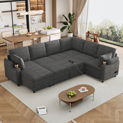 109.9" Sectional Sofa Versatile Sofa Bed Sofa Sleeper U-shaped Sofa with Ample Storage Space, Two Cup Holders and Charging Ports for Living Room, Beige,Grey