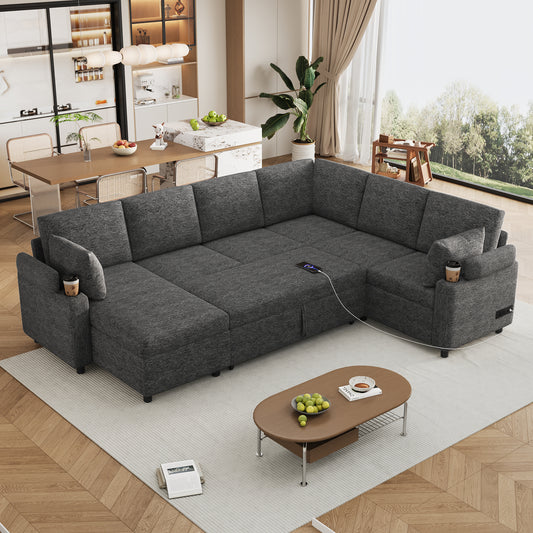 109.9" Sectional Sofa Versatile Sofa Bed Sofa Sleeper U-shaped Sofa with Ample Storage Space, Two Cup Holders and Charging Ports for Living Room, Beige,Grey