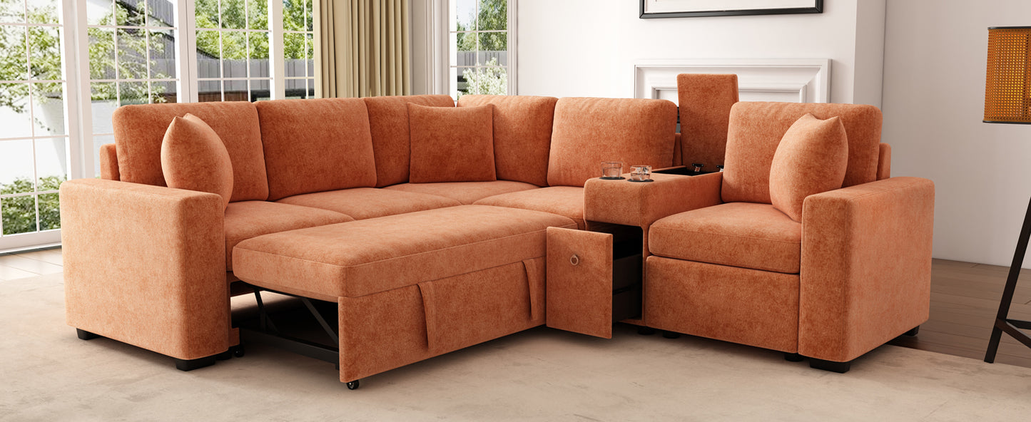 L-Shaped Chenille Sectional Sofa Bed - Orange, 120.5"