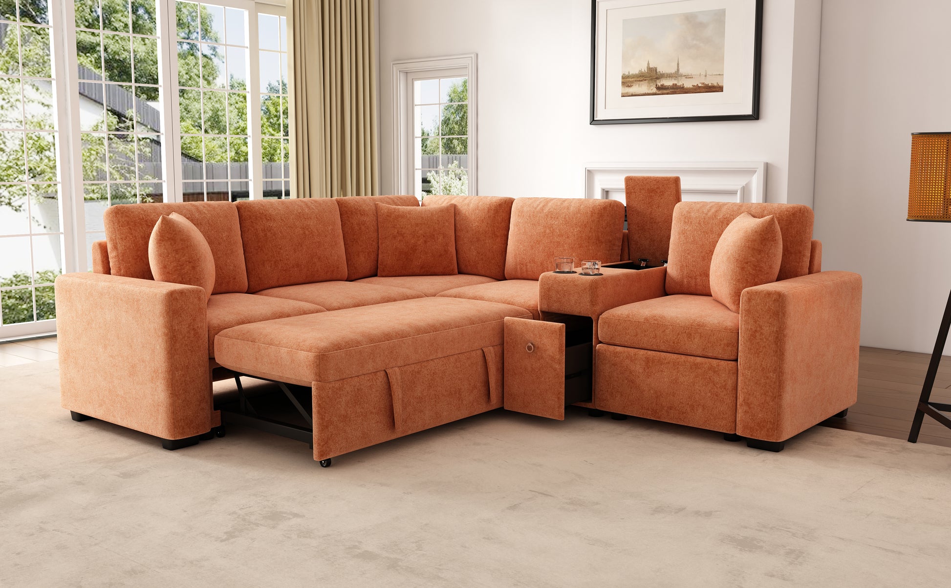 L-Shaped Chenille Sectional Sofa Bed - Orange, 120.5"