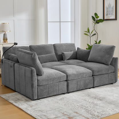 Modern Sectional Sofa Modular Sofa 85.4" U-shaped Sofa Couch Sofa Bed L-shaped Sofa with a Movable Ottoman and Two USB Ports and a Phone Holder for Living Room, Grey