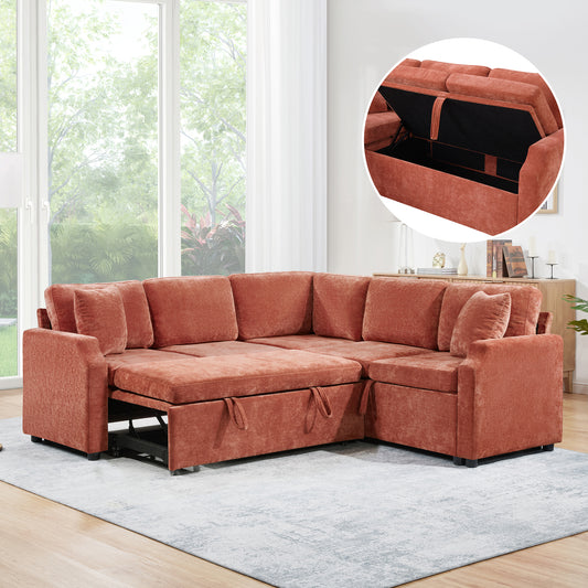 Sectional Sofa Bed L-shaped Sectional 81.9" Upholstered L-shaped Sofa with a Sofa Sleeper and a Hidden Storage Compartment for Living Room, Orange