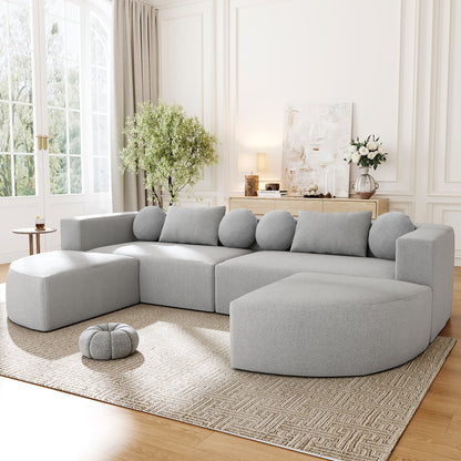 Boneless Couch Modular Sectional Sofa 114.9" Free-combined Sofa Couch Sofa Bed Compression Sofa with Deep Seating and Curved Design for Living Room, Grey