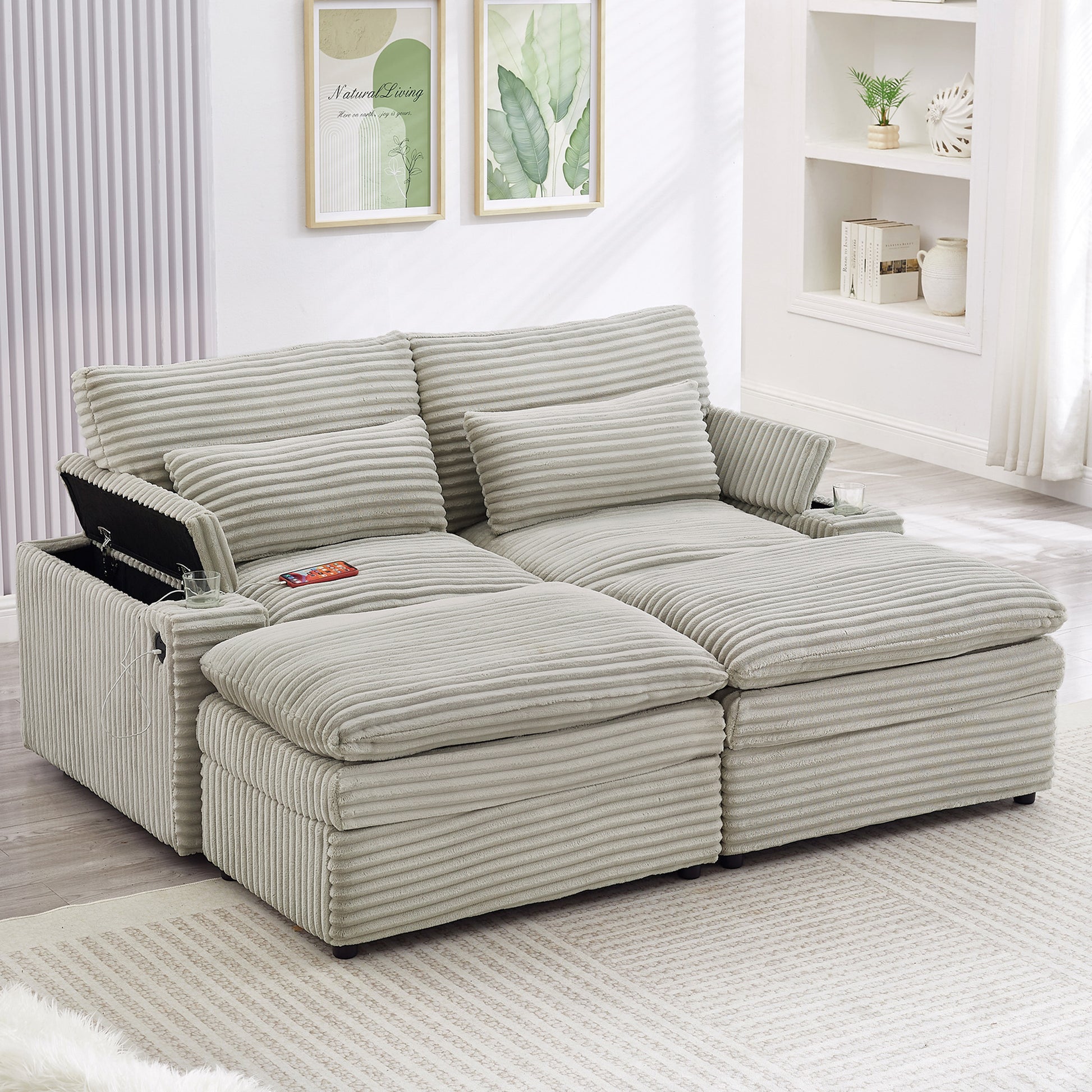 Loveseat Sofa 70.9" Free-combined Sectional Convertible Sofa Bed with Storage Space, Two Movable Ottomans, Four USB Ports and Two Cup Holders for Living Room, Grey