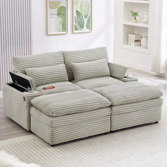 Loveseat Sofa 70.9" Free-combined Sectional Convertible Sofa Bed with Storage Space, Two Movable Ottomans, Four USB Ports and Two Cup Holders for Living Room, Grey