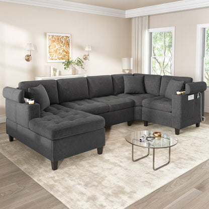 Modern U-shaped Sectional Sofa 115.7" Corner Sectional Living Room Couch Oversized Sectional with with Built-in Cup Holders, Storage Space and USB Ports for Living Room, Grey