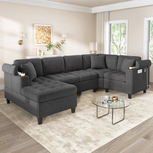 Modern U-shaped Sectional Sofa 115.7" Corner Sectional Living Room Couch Oversized Sectional with with Built-in Cup Holders, Storage Space and USB Ports for Living Room, Grey