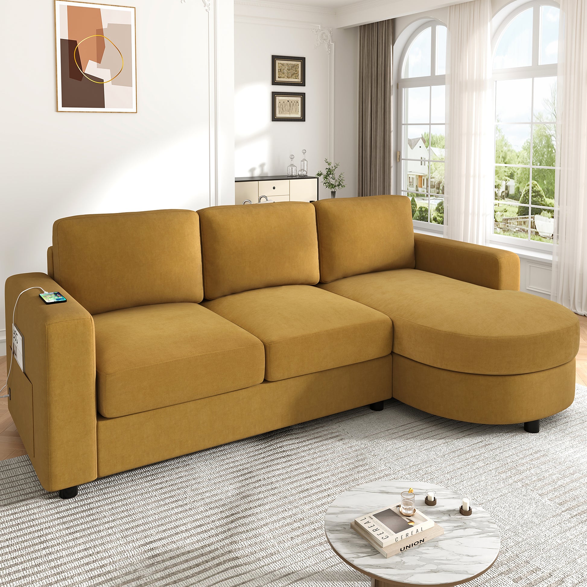 Modern Sectional Sofa 84.6" L-shaped Sofa Couch with a Curved Chaise Lounge, USB Ports and Side Storage Pockets for Living Room, Yellow