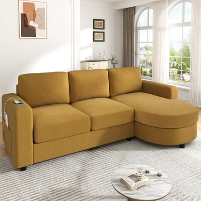 Modern Sectional Sofa 84.6" L-shaped Sofa Couch with a Curved Chaise Lounge, USB Ports and Side Storage Pockets for Living Room, Yellow