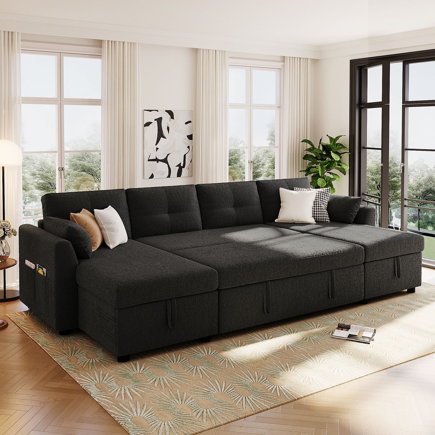 Modern Sectional Sofa U-shaped Sleeper Sofa 107" Sofa Bed with Ample Storage Space and USB ports for Living Room, Black
