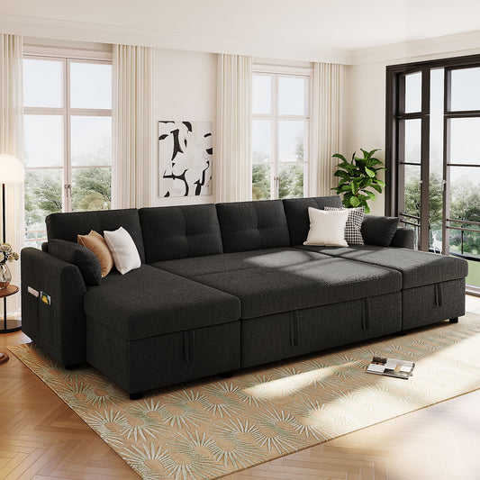 Modern Sectional Sofa U-shaped Sleeper Sofa 107" Sofa Bed with Ample Storage Space and USB ports for Living Room, Black