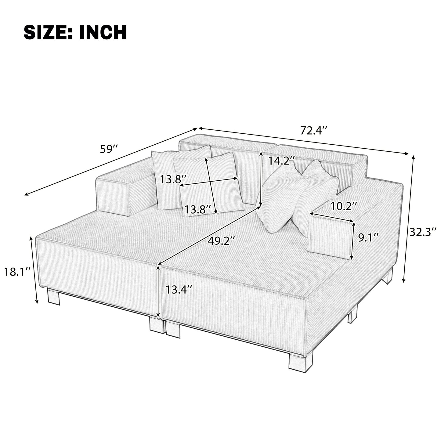 Orange Corduroy Sofa Couch - 2 Seat Sectional
