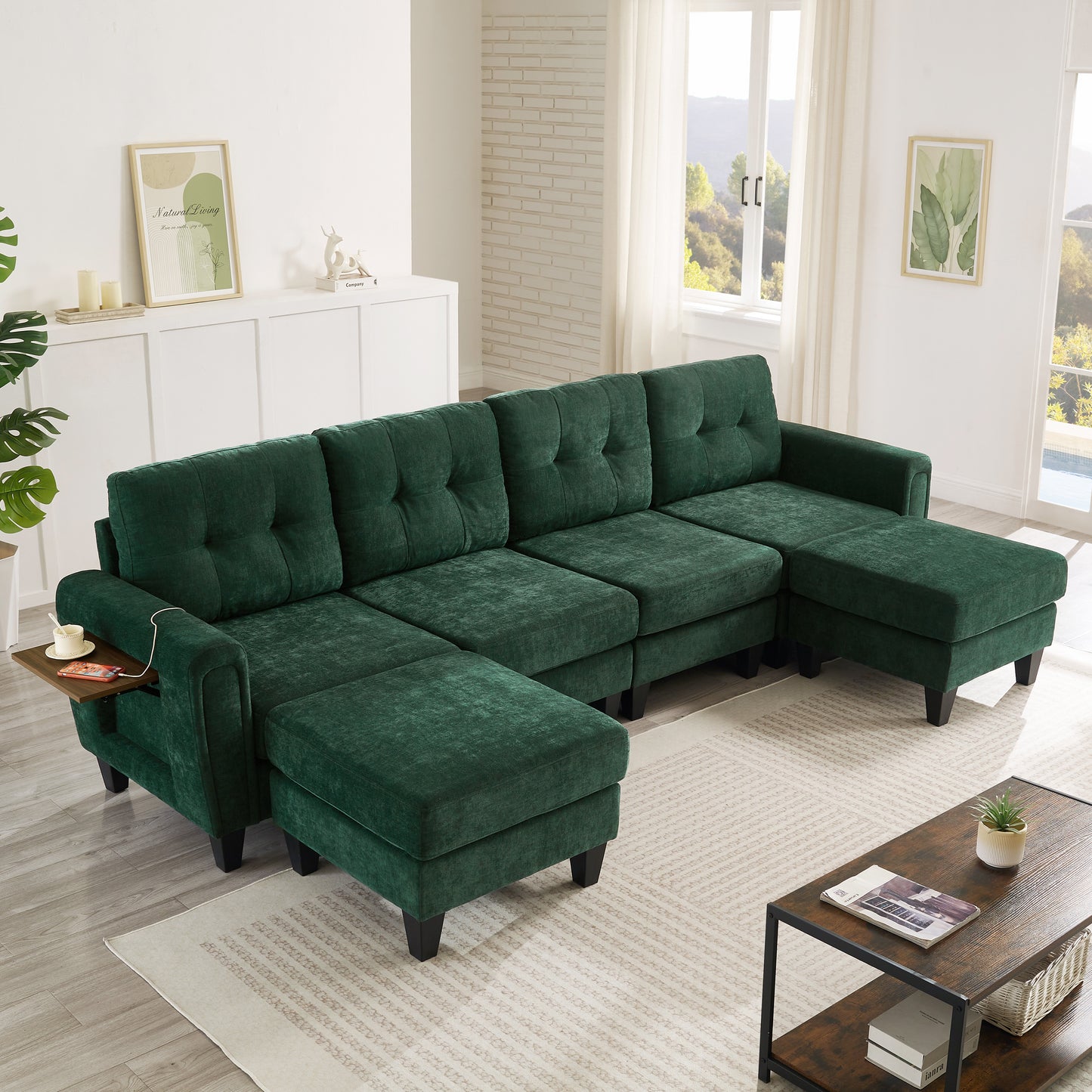 Modern Sectional Sofa 115" U-shaped Sofa Upholstered Sofa Couch with Two Movable Ottomans, USB Ports and Side Tables for Living Room, Green
