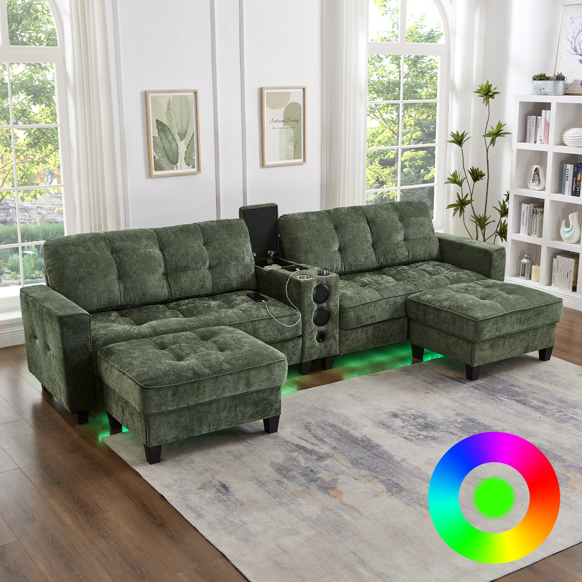 Modern Sectional Sofa 126" U-shaped Sectional Sofa Modular Sectional Couch with Movable Storage Ottomans, multifunctional Console, Bluetooth Speakers and LED Lights for Living Room, Green
