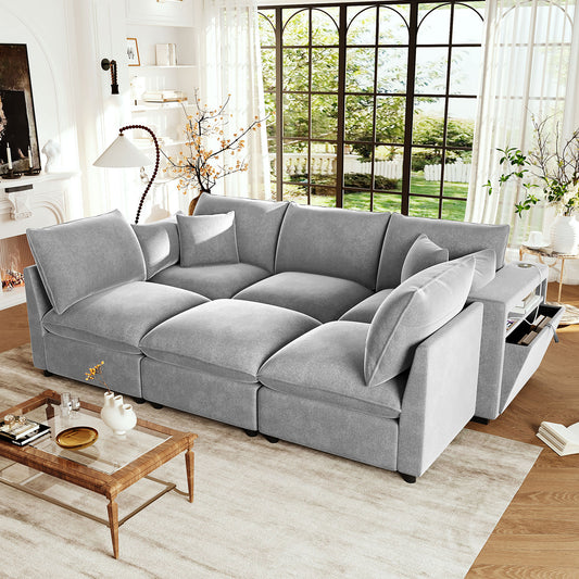 Grey Chenille Modular Sectional Sofa - 5 Seat with Storage Ottoman