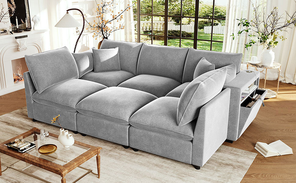 Grey Chenille Modular Sectional Sofa - 5 Seat with Storage Ottoman