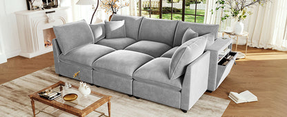 Grey Chenille Modular Sectional Sofa - 5 Seat with Storage Ottoman