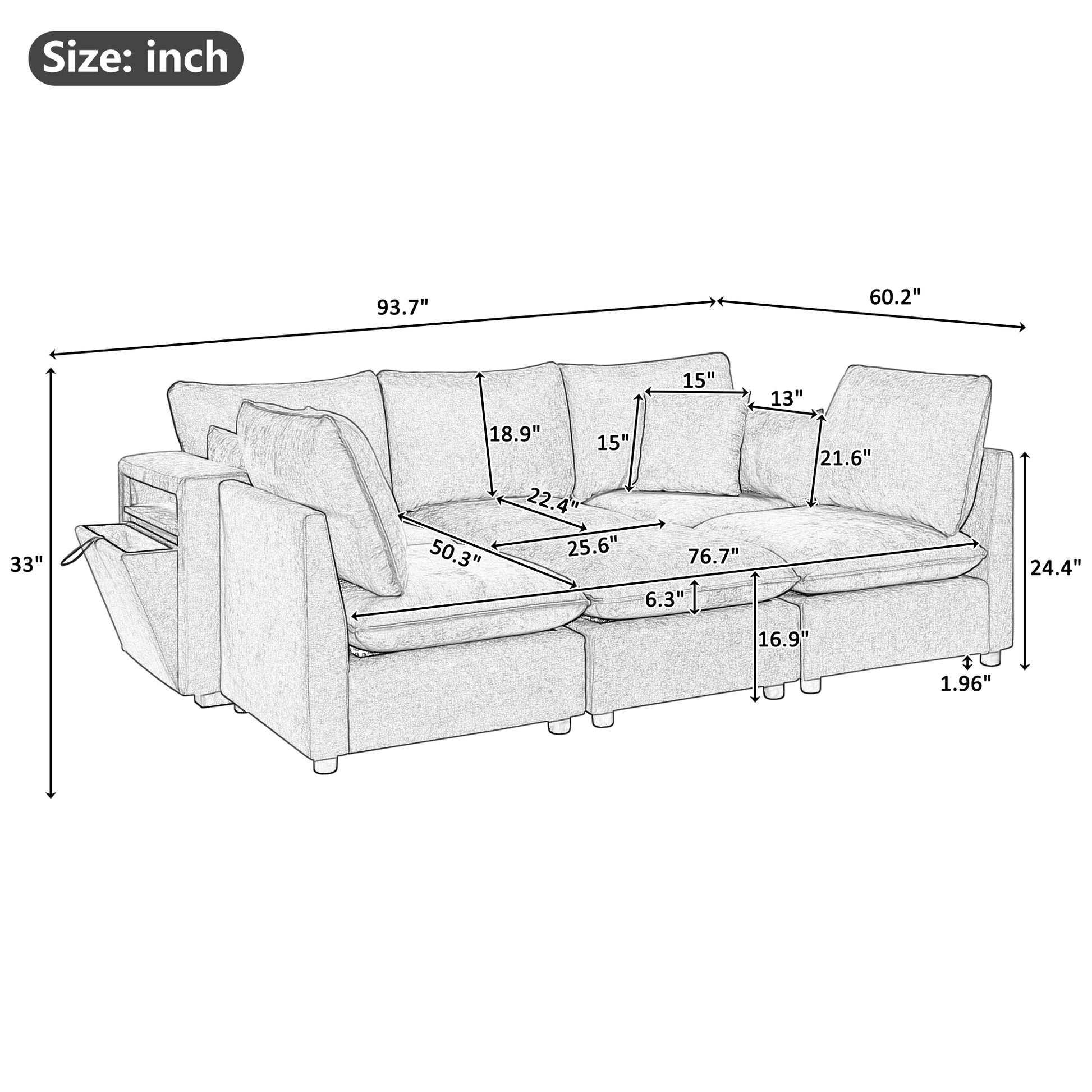 Grey Chenille Modular Sectional Sofa - 5 Seat with Storage Ottoman