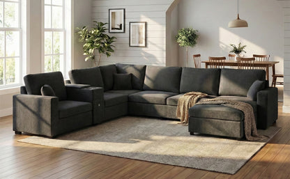 5 Seat Black Chenille Sectional Sofa - Primary Living Space