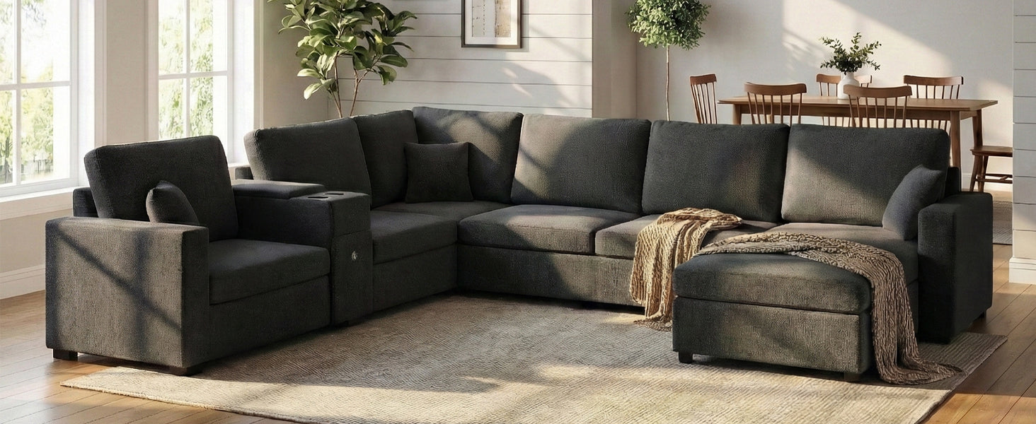5 Seat Black Chenille Sectional Sofa - Primary Living Space