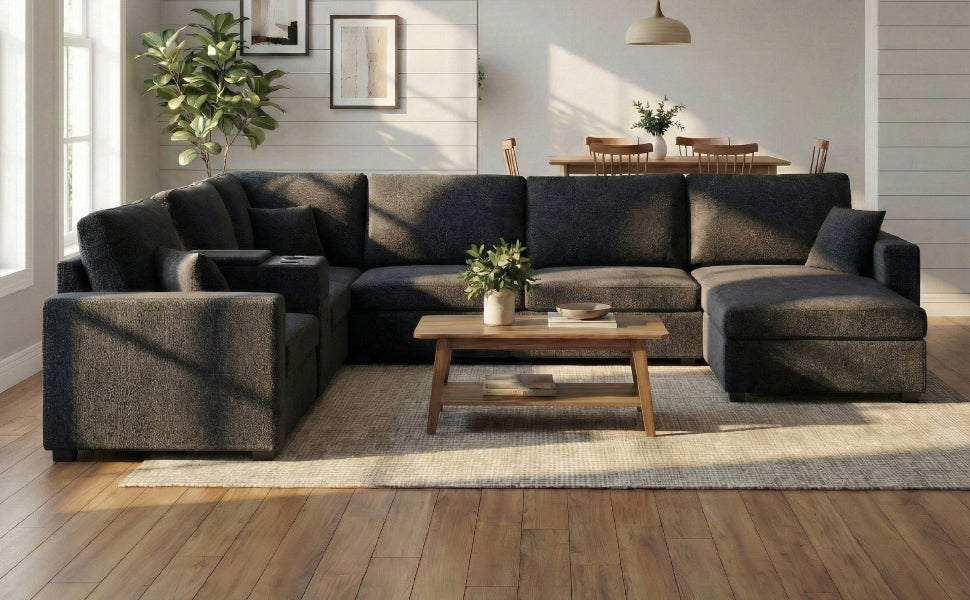 5 Seat Black Chenille Sectional Sofa - Primary Living Space