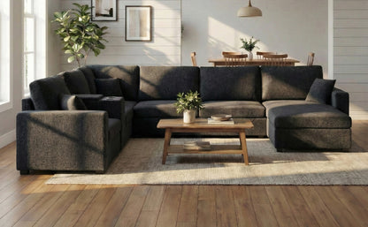 5 Seat Black Chenille Sectional Sofa - Primary Living Space