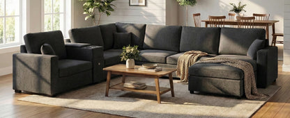 5 Seat Black Chenille Sectional Sofa - Primary Living Space