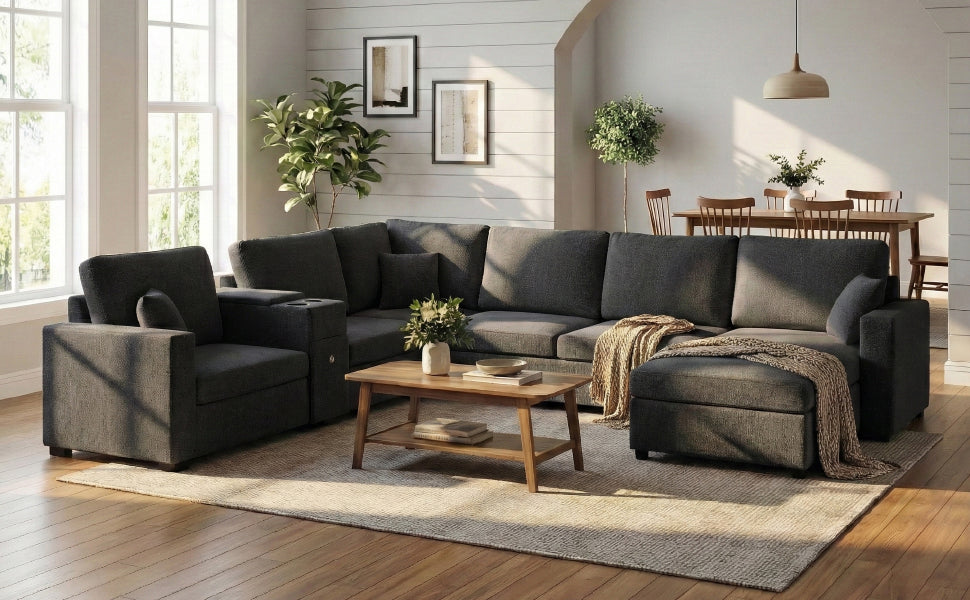 5 Seat Black Chenille Sectional Sofa - Primary Living Space