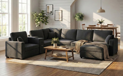 5 Seat Black Chenille Sectional Sofa - Primary Living Space